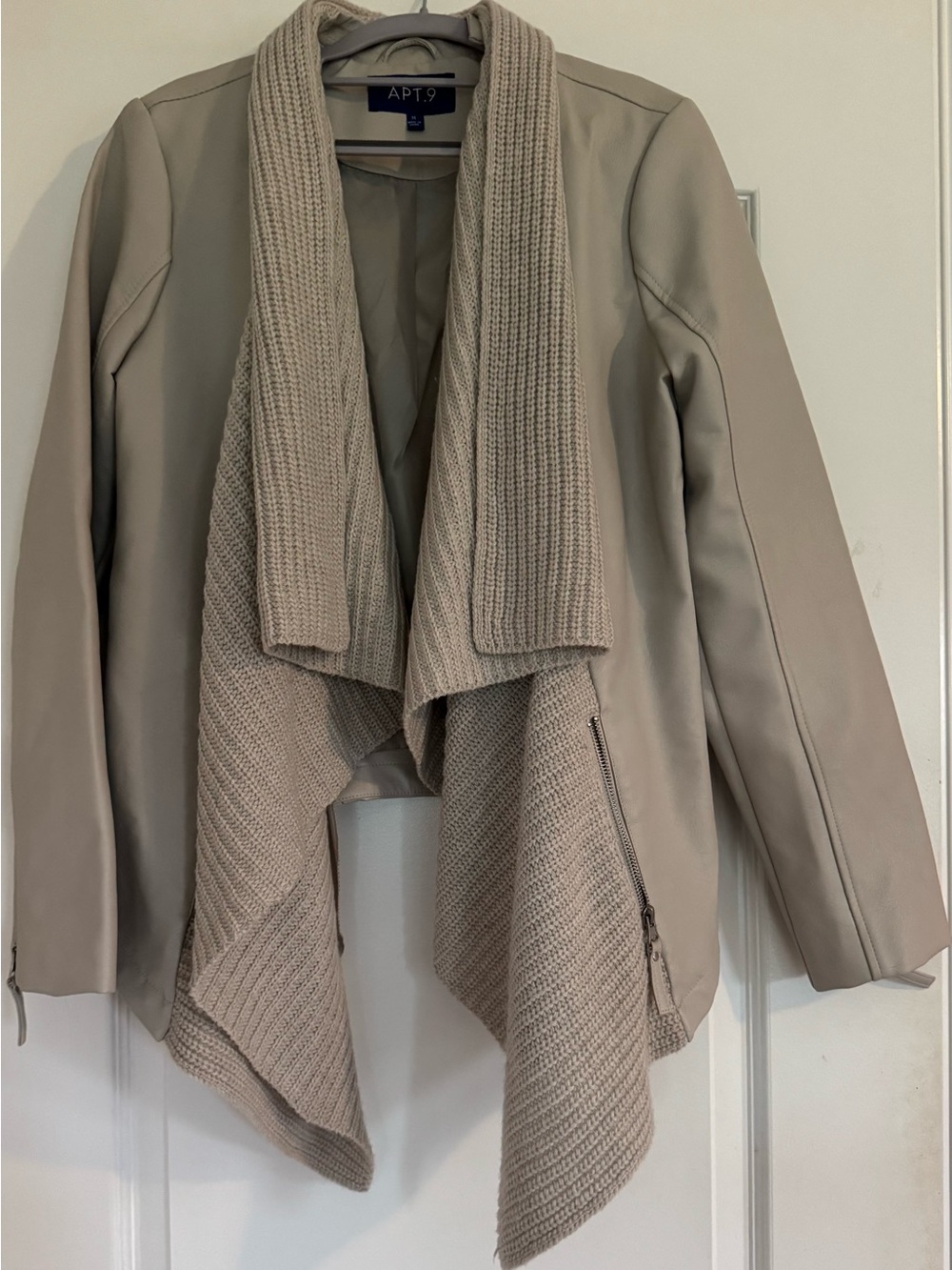 Apt. 9 Taupe Faux Leather Knit Waterfall Moto Jacket Women M